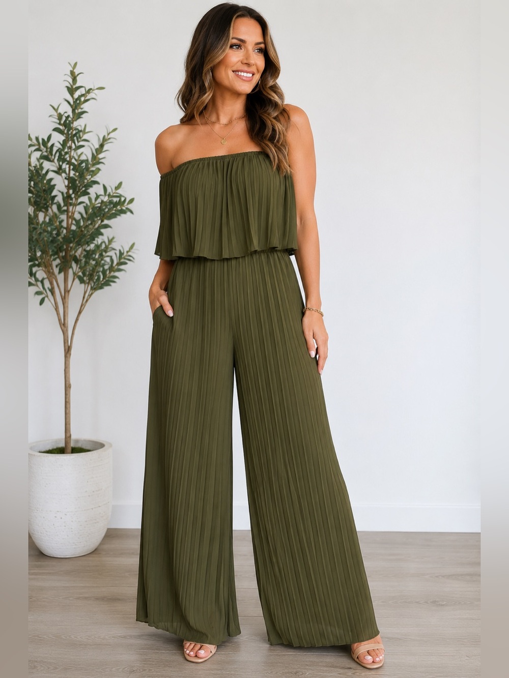 BTFBM Olive Green Pleated Off Shoulder Wide Leg Jumpsuit Size Large